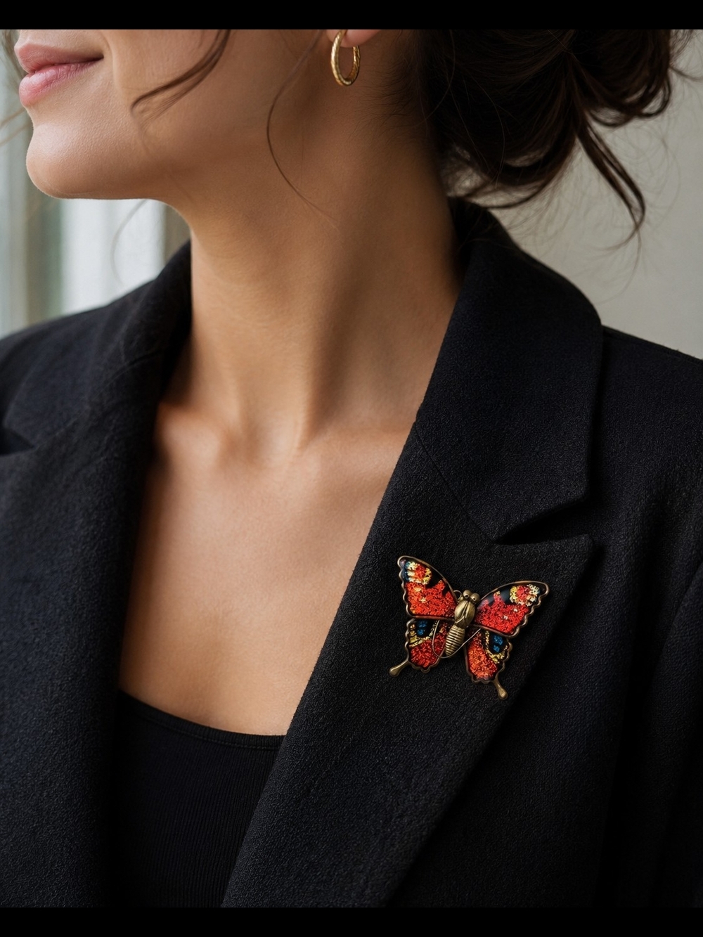 Vintage Articulated Butterfly Brooch Red Enamel Trembler Pin Gold Tone